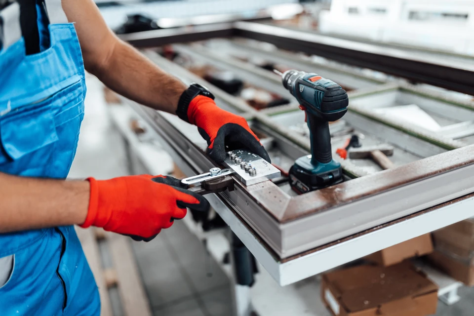 Artisan barbu en bonnet rouge travaille sur ordinateur portable dans atelier de menuiserie