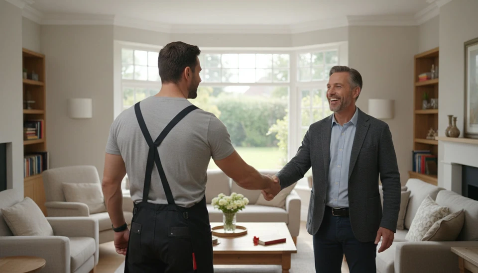 Artisan menuisier souriant dans son atelier de menuiserie, tenant une &eacute;querre en bois