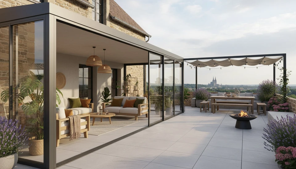 Une famille de quatre personnes partage un repas dans une cuisine moderne