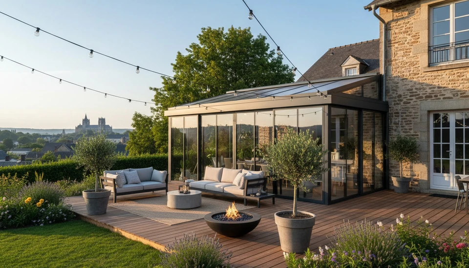 Intérieur moderne minimaliste avec grande baie vitrée donnant sur paysage hivernal enneigé