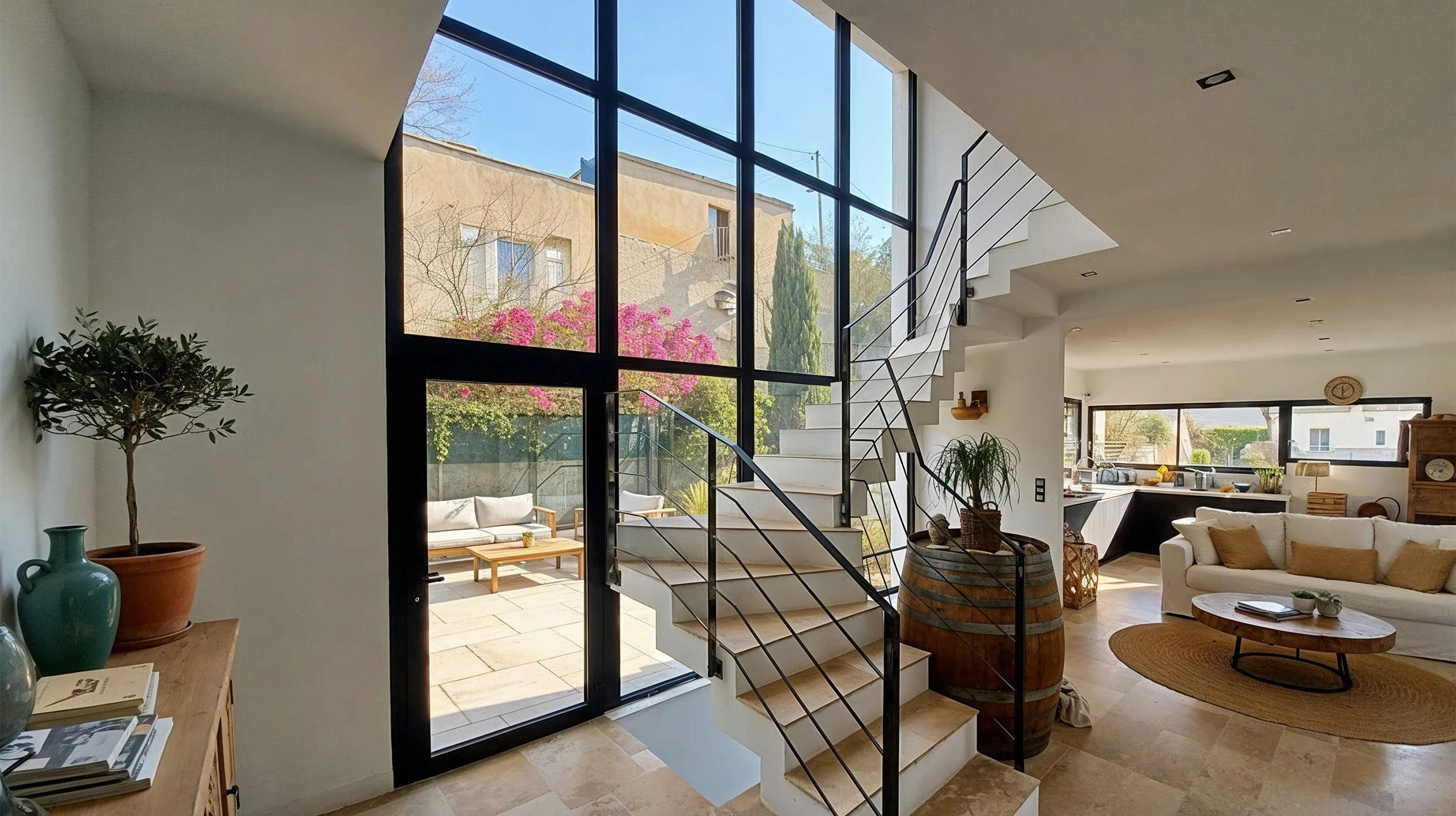 Maison contemporaine &agrave; architecture moderne avec fa&ccedil;ade blanche et &eacute;l&eacute;ments en bois