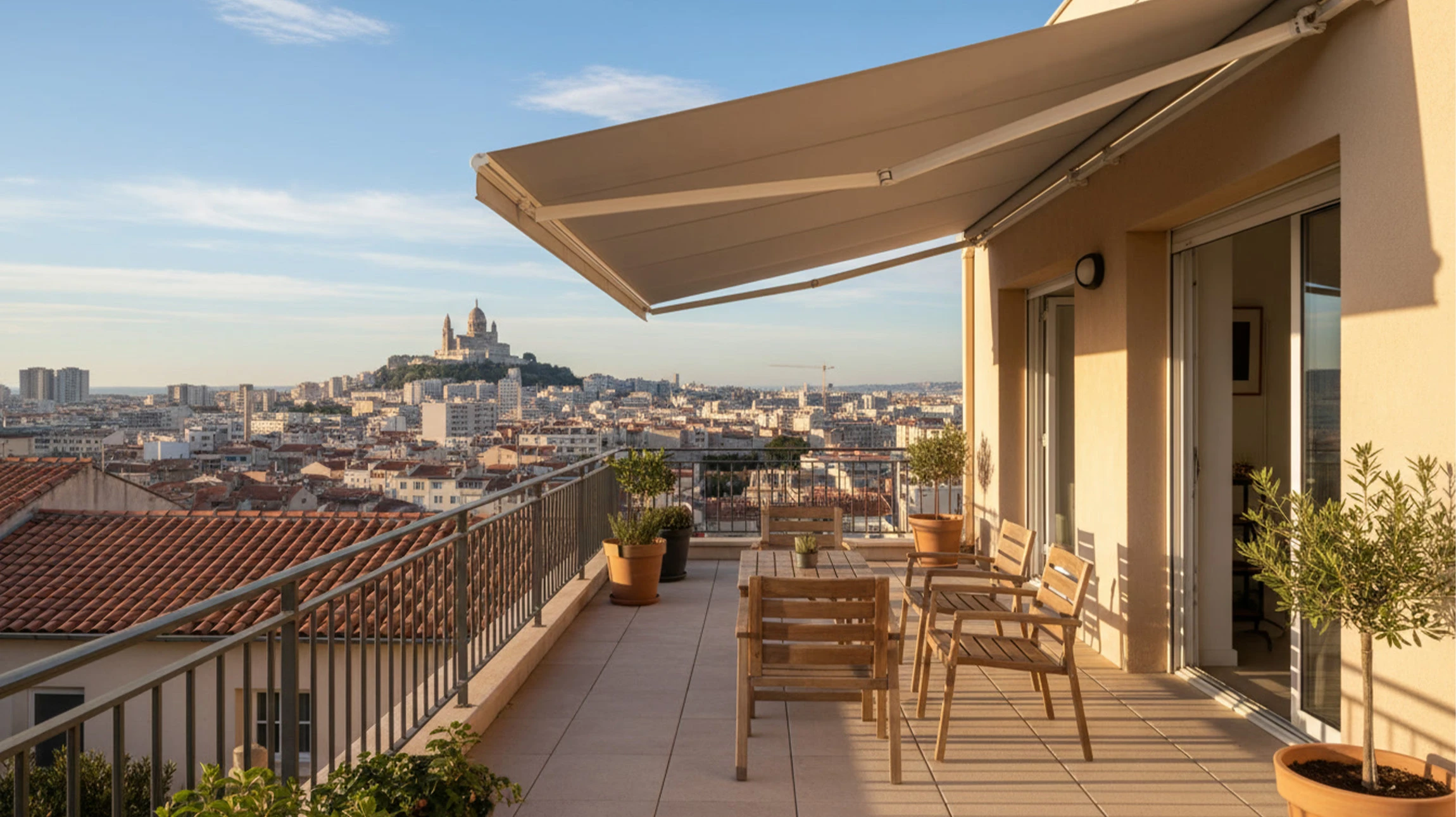 Intérieur résidentiel moderne avec grande fenêtre équipée de stores vénitiens beiges en position partiellement ouverte