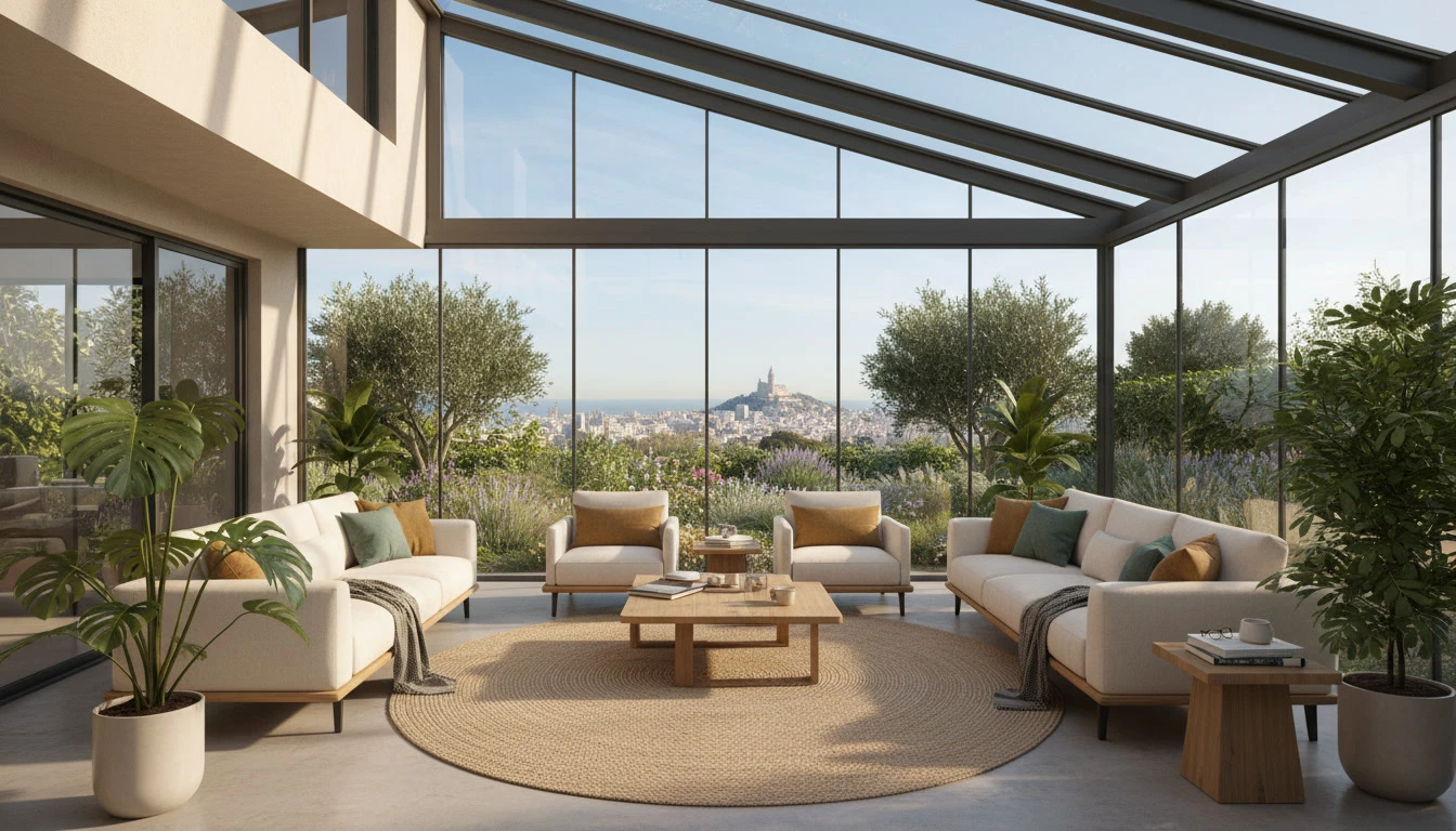 Serre de jardin en aluminium et verre installée sur terrasse en bois dans jardin paysagé