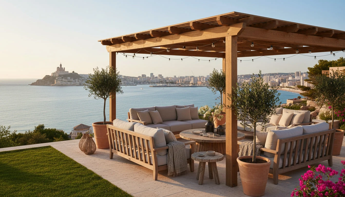 Espace extérieur résidentiel avec terrasse en pavés, mobilier de jardin en bois et métal